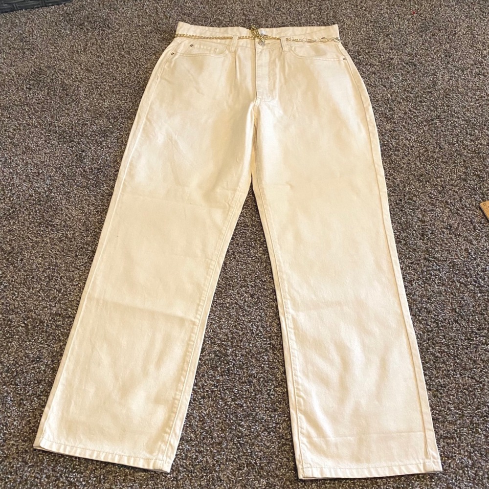 WeWoreWhat Wide Leg Jeans Minimalist clean Cream Women 30 High Rise Chain Belt